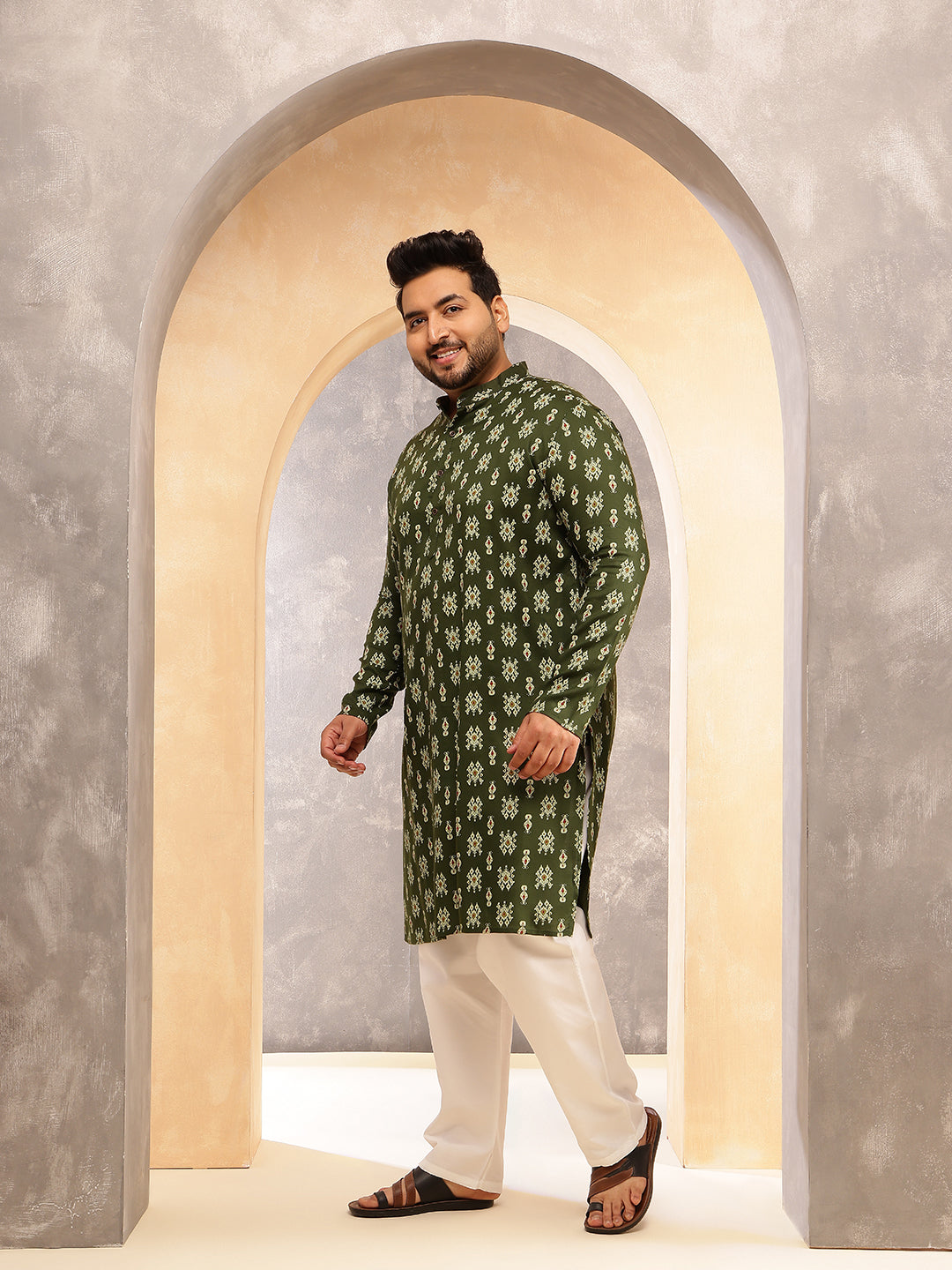 Men's Cotton Blend Ikkat Print Green Long Kurta
