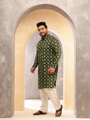 Men's Cotton Blend Ikkat Print Green Long Kurta