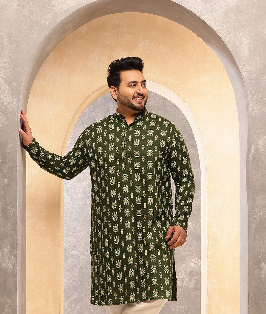Men's Cotton Blend Ikkat Print Green Long Kurta
