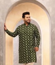 Men's Cotton Blend Ikkat Print Green Long Kurta