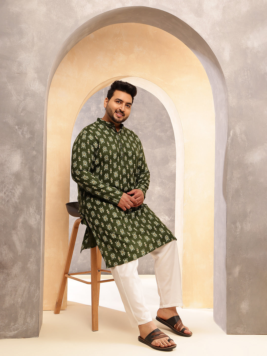 Men's Cotton Blend Ikkat Print Green Long Kurta