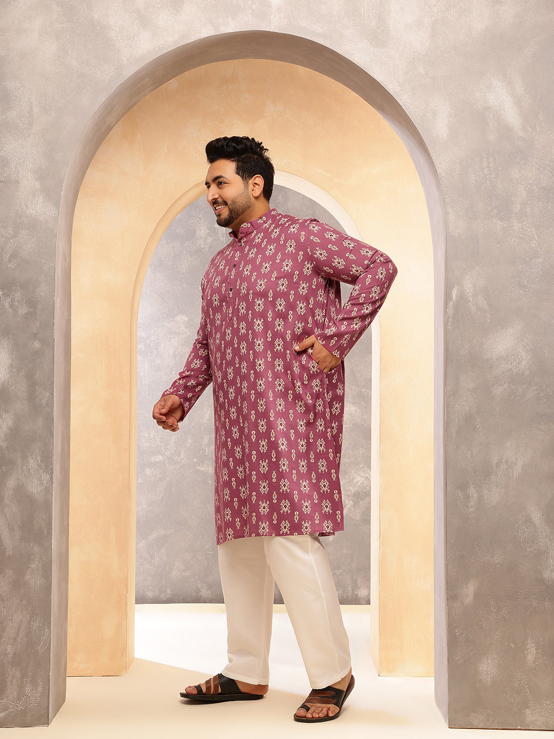 Men's Cotton Blend Ikkat Print Coral Kurta With White Pyjama