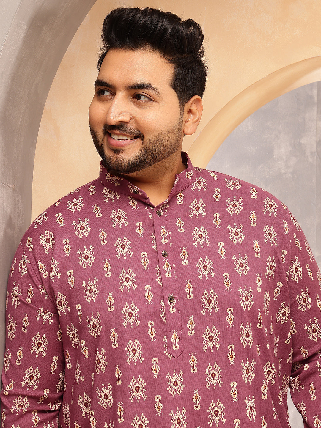 Men's Cotton Blend Ikkat Print Coral Kurta With White Pyjama