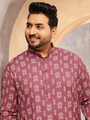 Men's Cotton Blend Ikkat Print Coral Kurta With White Pyjama