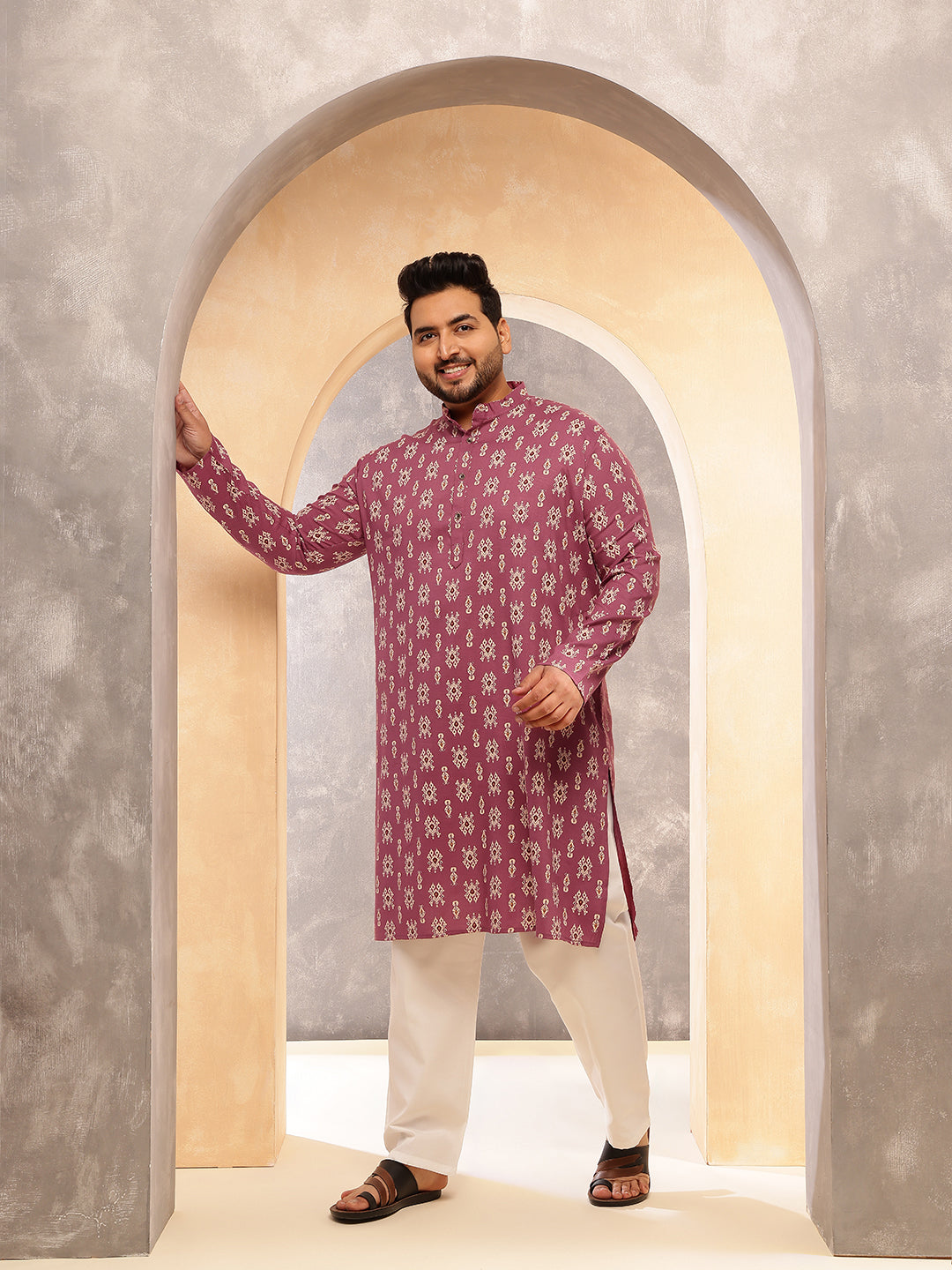 Men's Cotton Blend Ikkat Print Coral Kurta With White Pyjama