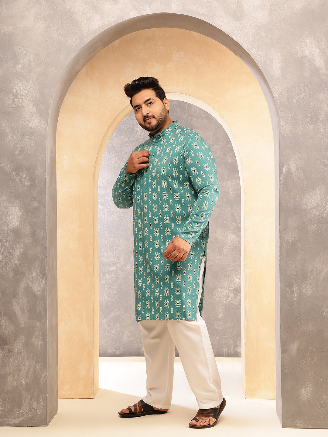 Men's Cotton Blend Ikkat Print Ram Green Long Kurta