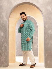 Men's Cotton Blend Ikkat Print Ram Green Long Kurta