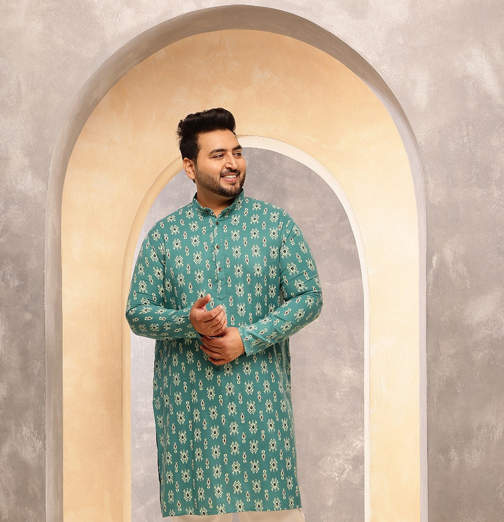 Men's Cotton Blend Ikkat Print Ram Green Long Kurta