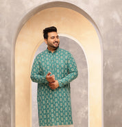 Men's Cotton Blend Ikkat Print Ram Green Long Kurta
