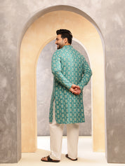 Men's Cotton Blend Ikkat Print Rama Green Kurta With White Pyjama