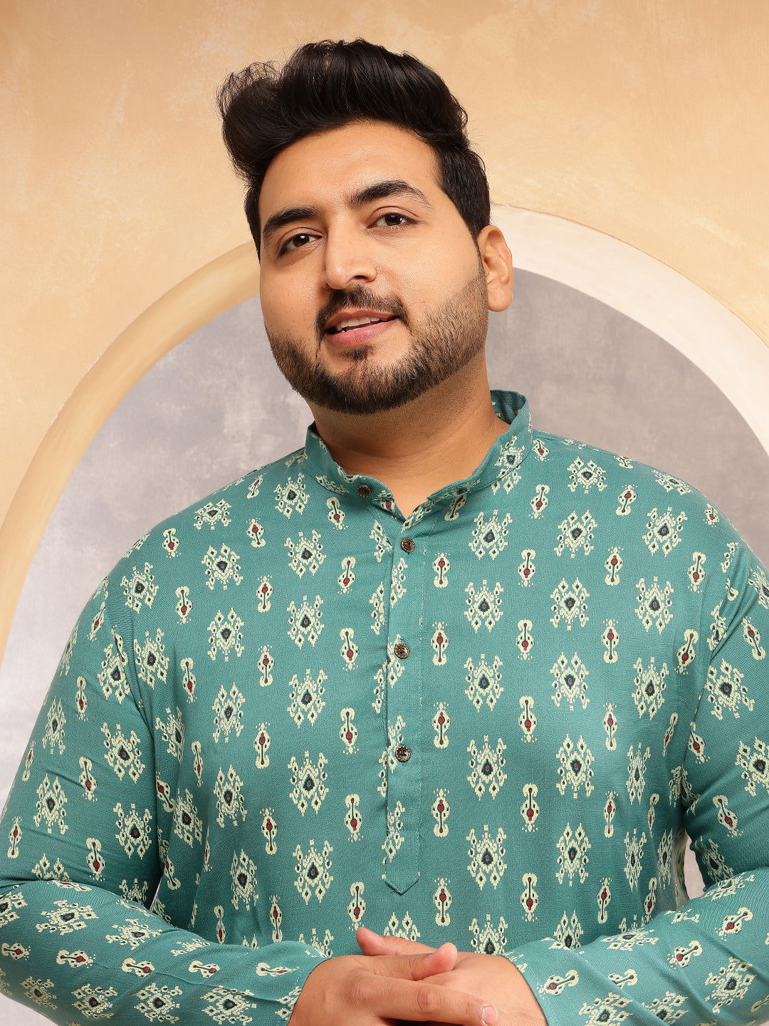 Men's Cotton Blend Ikkat Print Rama Green Kurta With White Pyjama