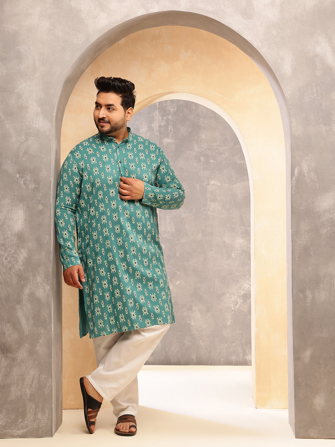 Men's Cotton Blend Ikkat Print Rama Green Kurta With White Pyjama