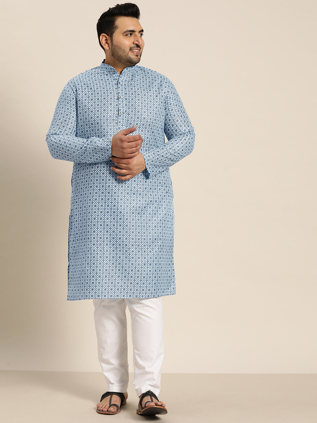 Men's Cotton Linen Blue Foil printed Kurta and White Pyjama