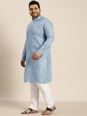 Men's Cotton Linen Blue Foil printed Kurta and White Pyjama