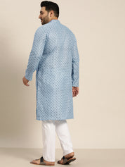 Men's Cotton Linen Blue Foil printed Kurta and White Pyjama