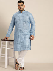 Men's Cotton Linen Blue Foil printed Kurta and White Pyjama