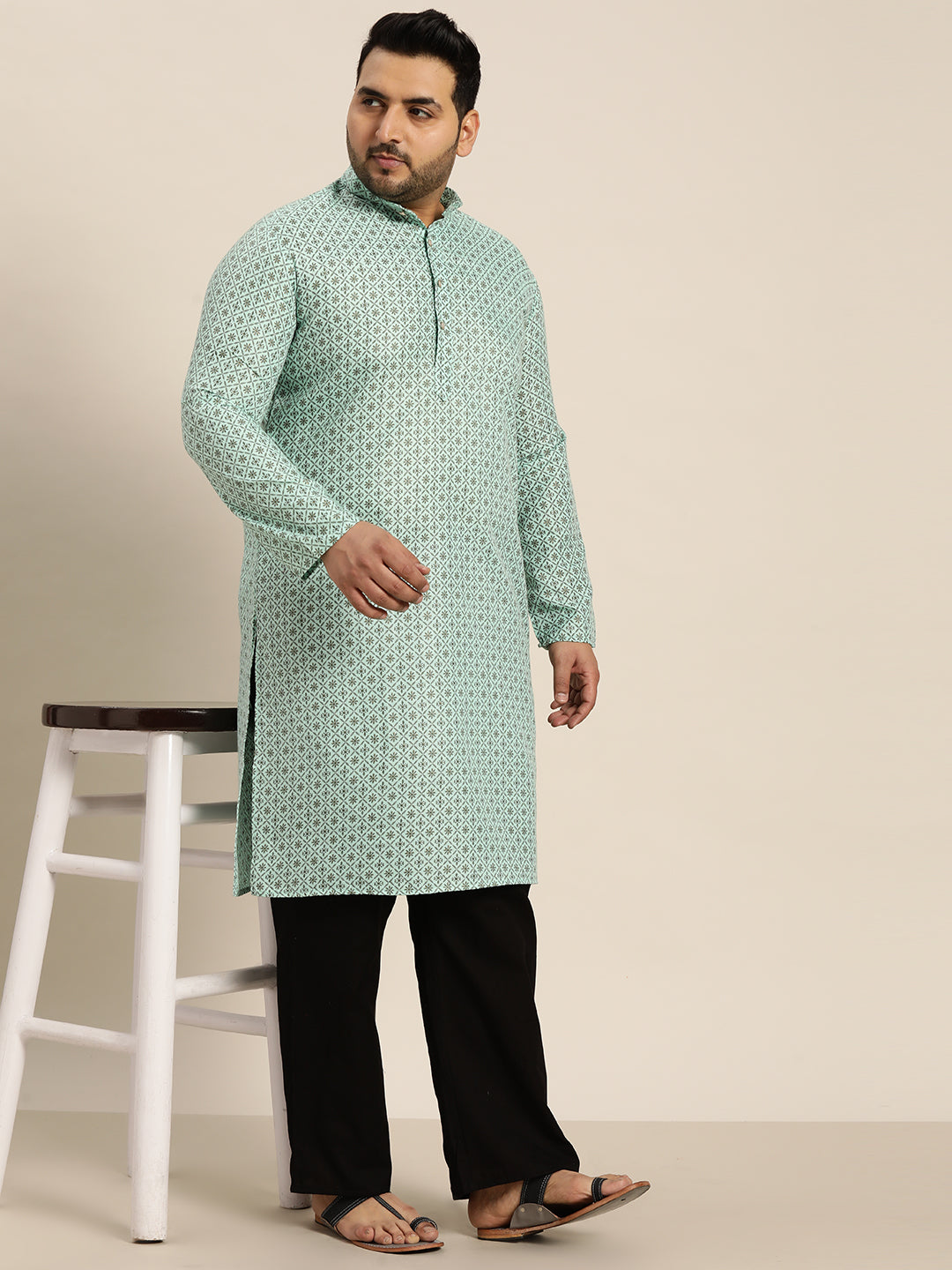 Men's Cotton Linen SeaGreen Foil printed Kurta and White Pyjama