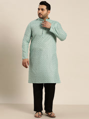 Men's Cotton Linen SeaGreen Foil printed Kurta and White Pyjama