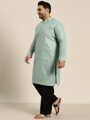 Men's Cotton Linen SeaGreen Foil printed Kurta and White Pyjama