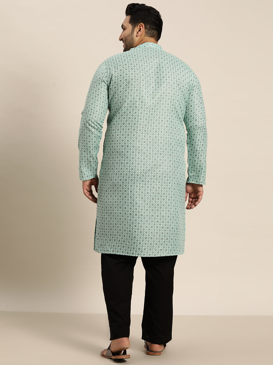 Men's Cotton Linen SeaGreen Foil printed Kurta and White Pyjama