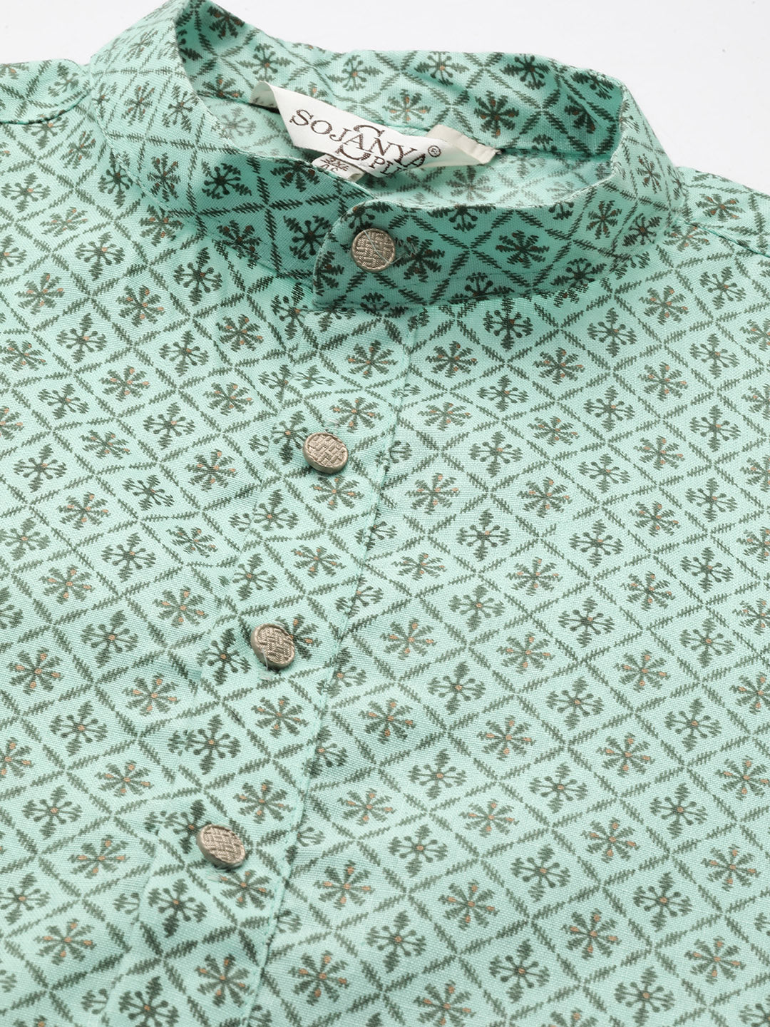 Men's Cotton Linen SeaGreen Foil printed Kurta and White Pyjama