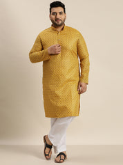 Men's Cotton Linen Mustard Foil printed Kurta and White Pyjama