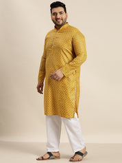 Men's Cotton Linen Mustard Foil printed Kurta and White Pyjama