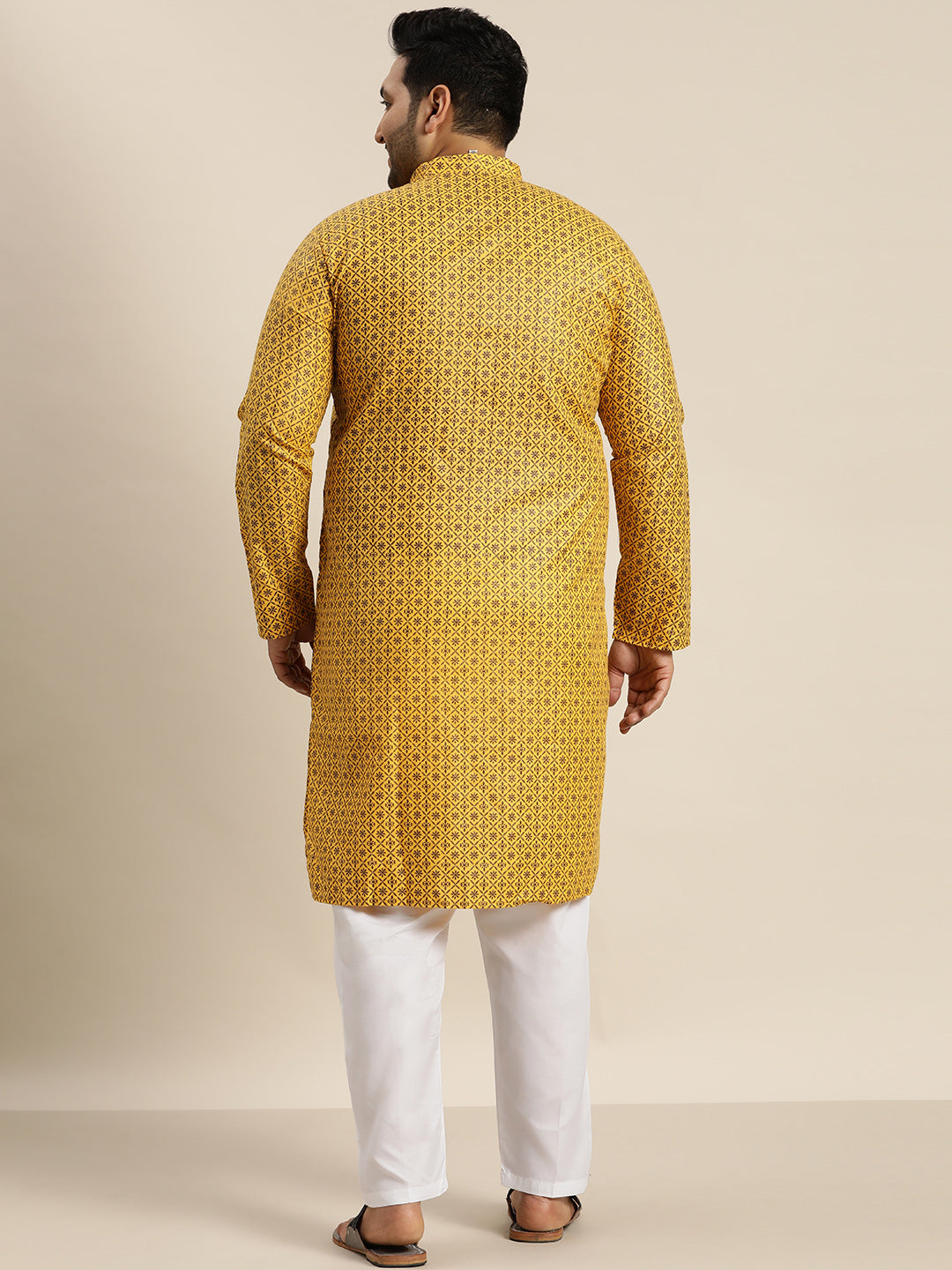 Men's Cotton Linen Mustard Foil printed Kurta and White Pyjama