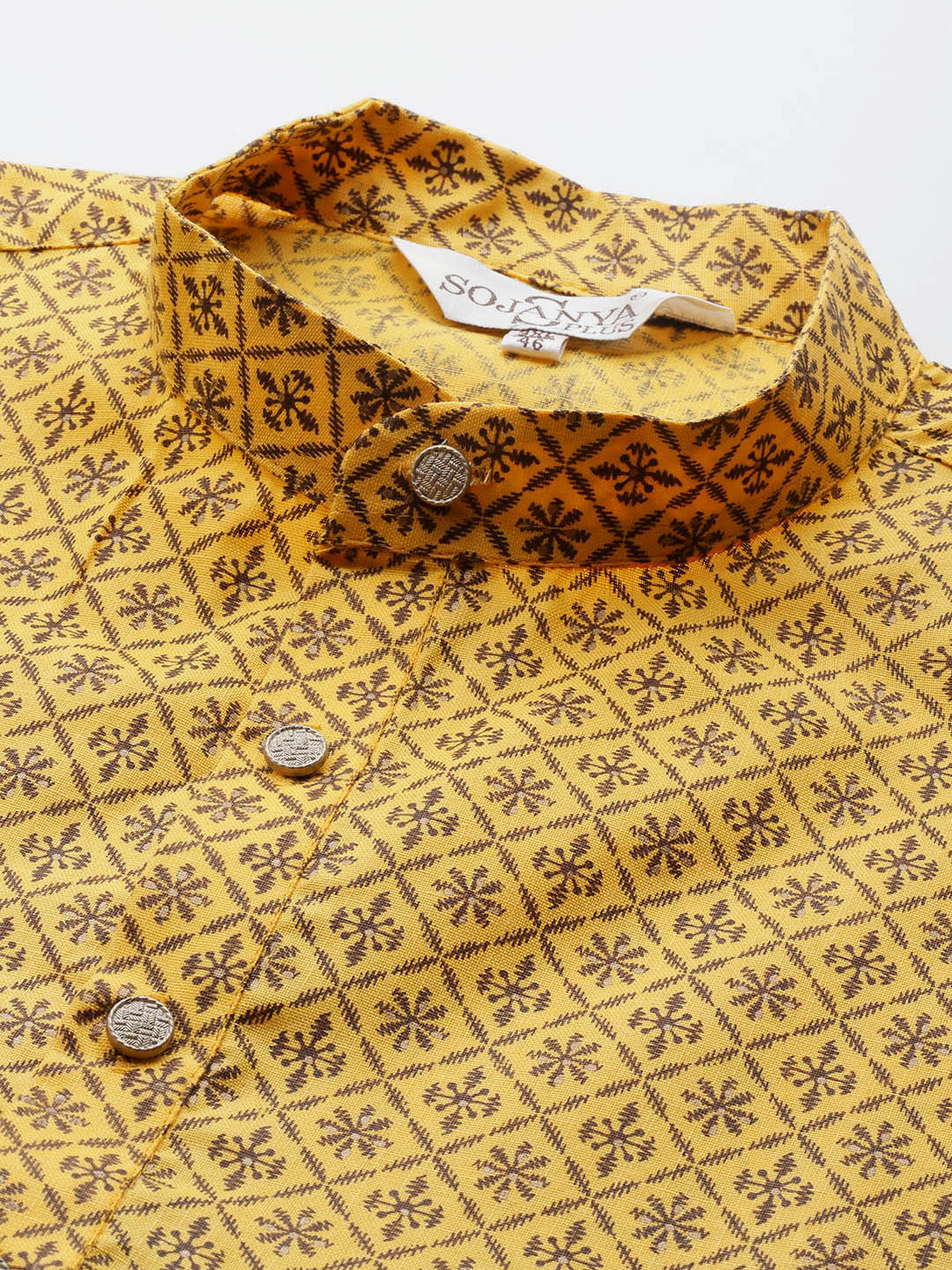 Men's Cotton Linen Mustard Foil printed Kurta and White Pyjama