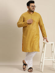 Men's Cotton Linen Mustard Foil printed Kurta and White Pyjama