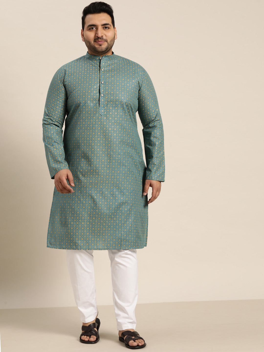 Men's Cotton Linen Peacock Blue Foil printed Kurta and White Pyjama