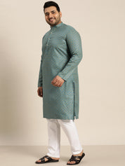 Men's Cotton Linen Peacock Blue Foil printed Kurta and White Pyjama