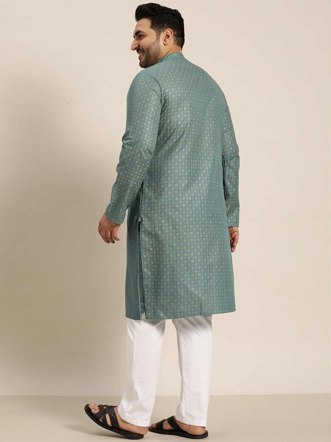 Men's Cotton Linen Peacock Blue Foil printed Kurta and White Pyjama