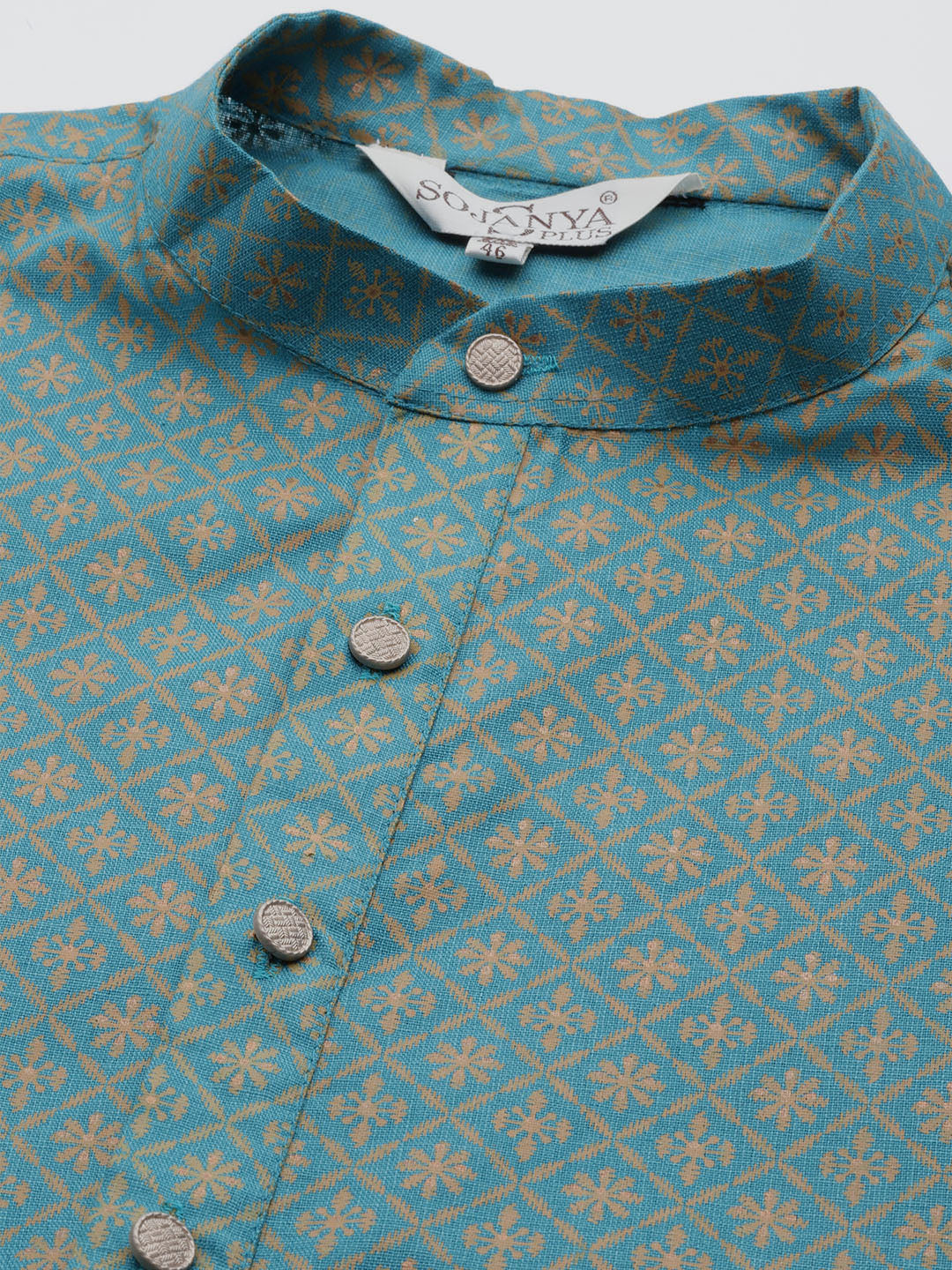 Men's Cotton Linen Peacock Blue Foil printed Kurta and White Pyjama