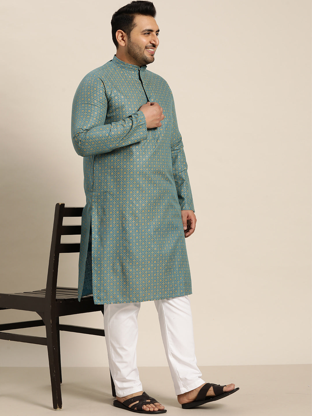 Men's Cotton Linen Peacock Blue Foil printed Kurta and White Pyjama