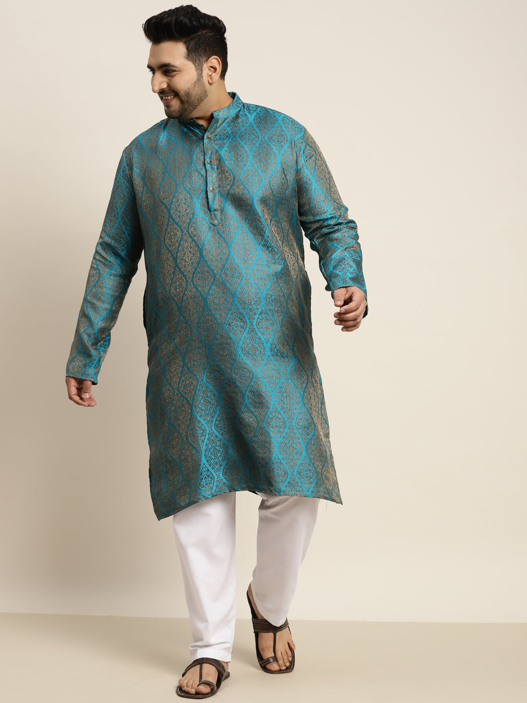 Men's Jacquard Silk Teal Blue & Gold Kurta