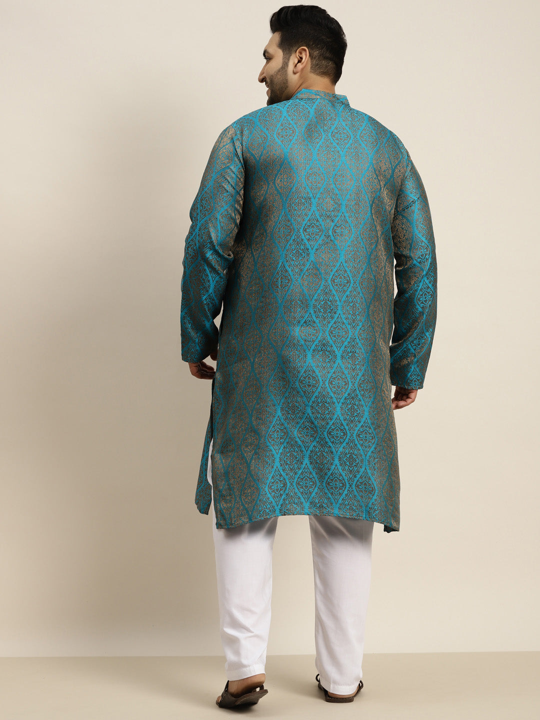 Men's Jacquard Silk Teal Blue & Gold Kurta