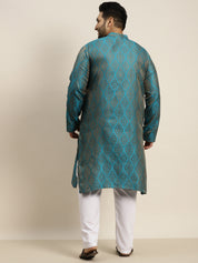 Men's Jacquard Silk Teal Blue & Gold Kurta