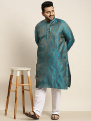 Men's Jacquard Silk Teal Blue & Gold Kurta