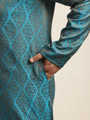 Men's Jacquard Silk Teal Blue & Gold Kurta