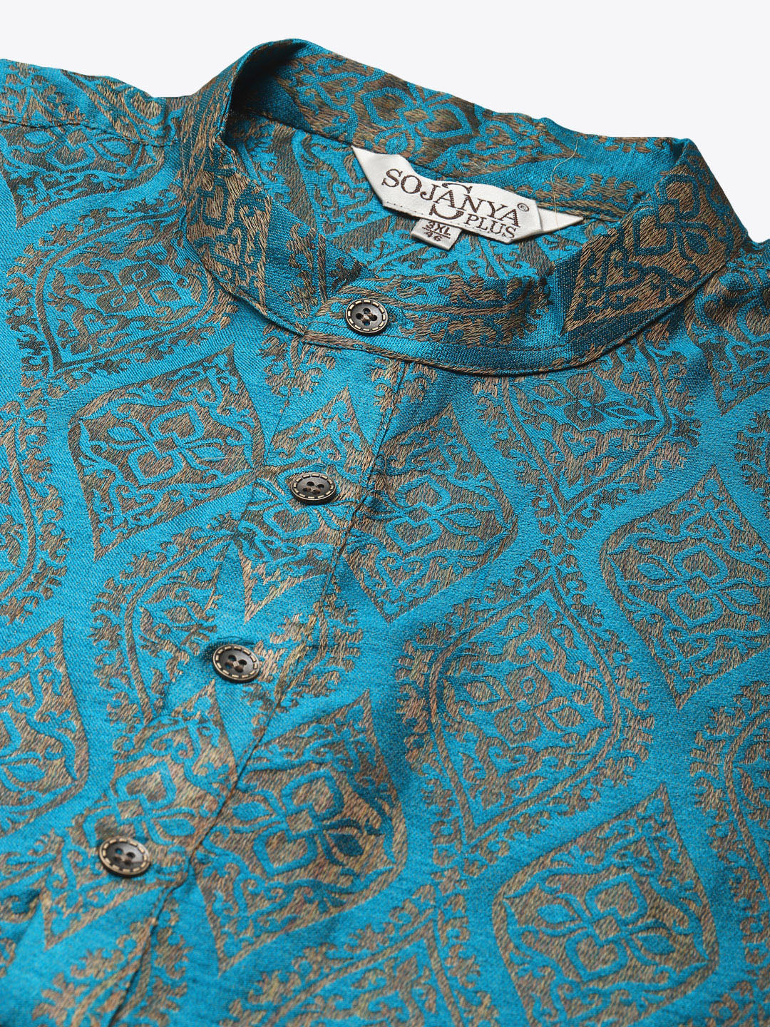 Men's Jacquard Silk Teal Blue & Gold Kurta