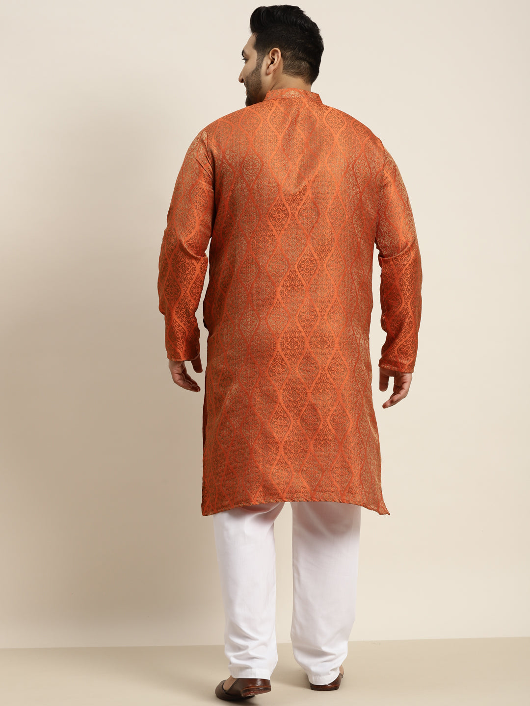 Men's Jacquard Silk Orange & Gold Kurta