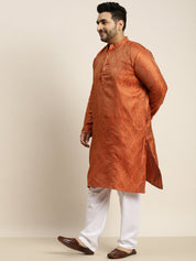 Men's Jacquard Silk Orange & Gold Kurta