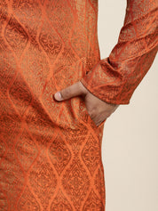 Men's Jacquard Silk Orange & Gold Kurta