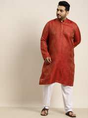 Men's Jacquard Silk Red & Gold Kurta