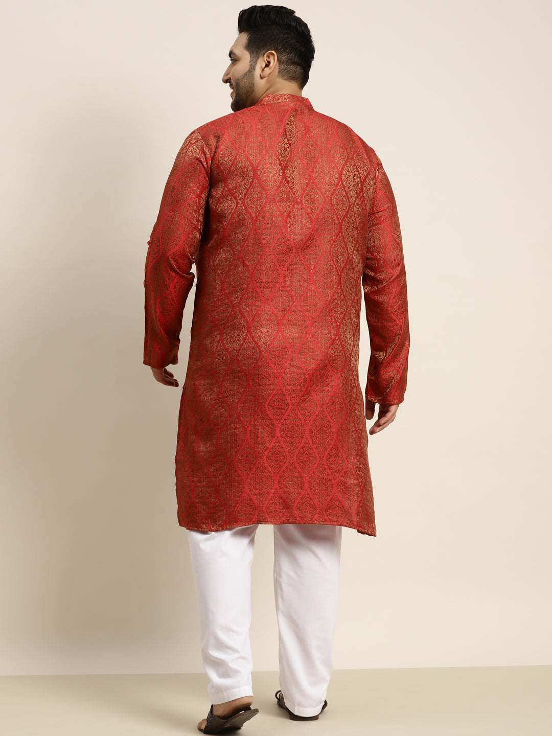 Men's Jacquard Silk Red & Gold Kurta