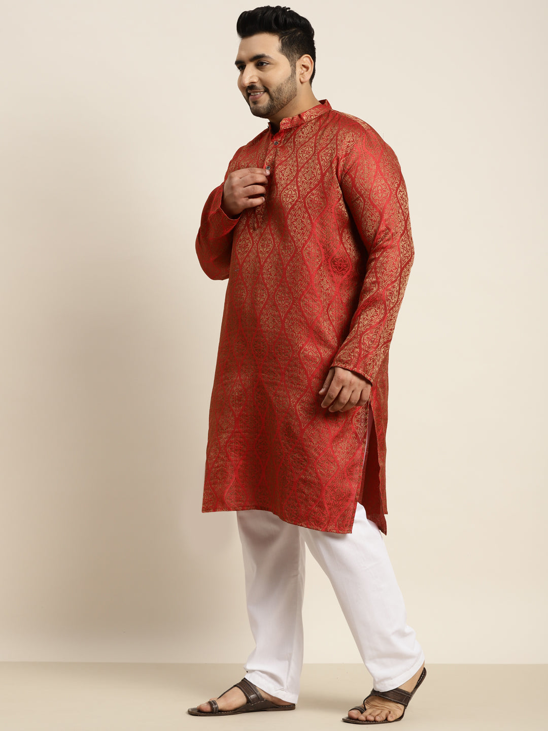 Men's Jacquard Silk Red & Gold Kurta