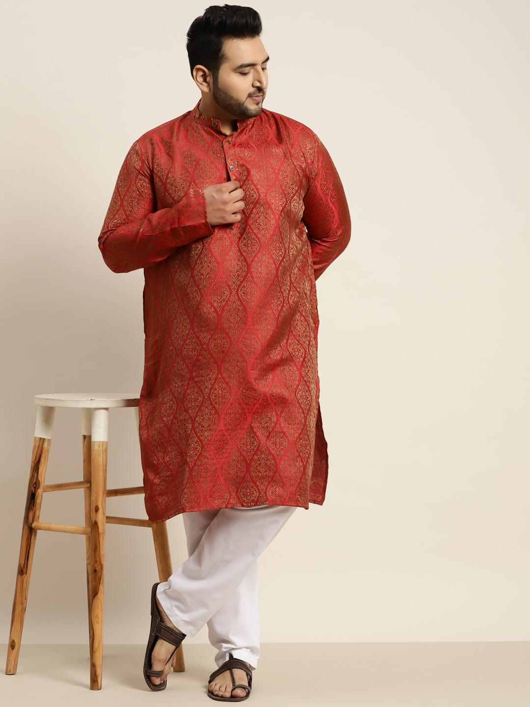 Men's Jacquard Silk Red & Gold Kurta