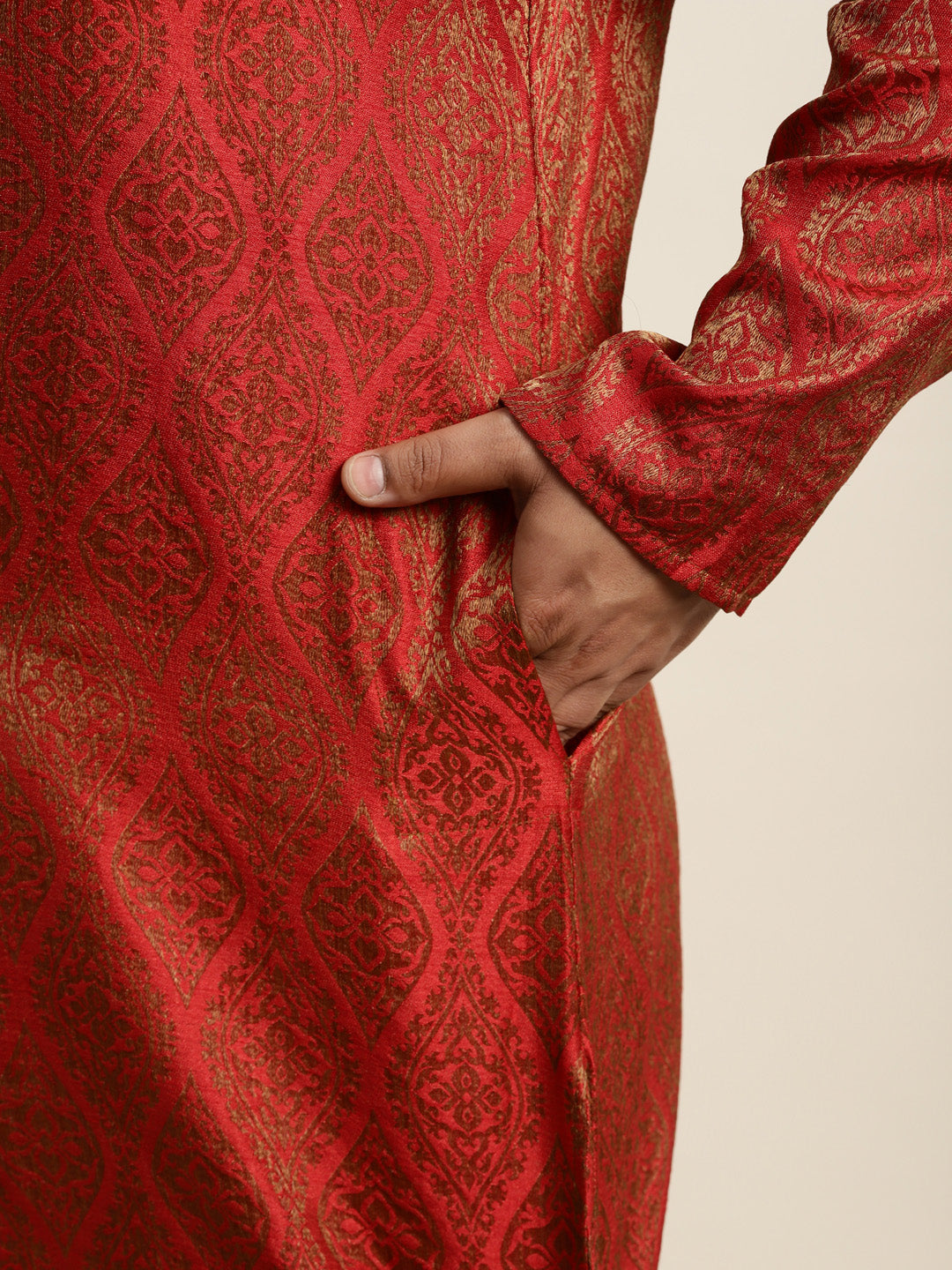 Men's Jacquard Silk Red & Gold Kurta