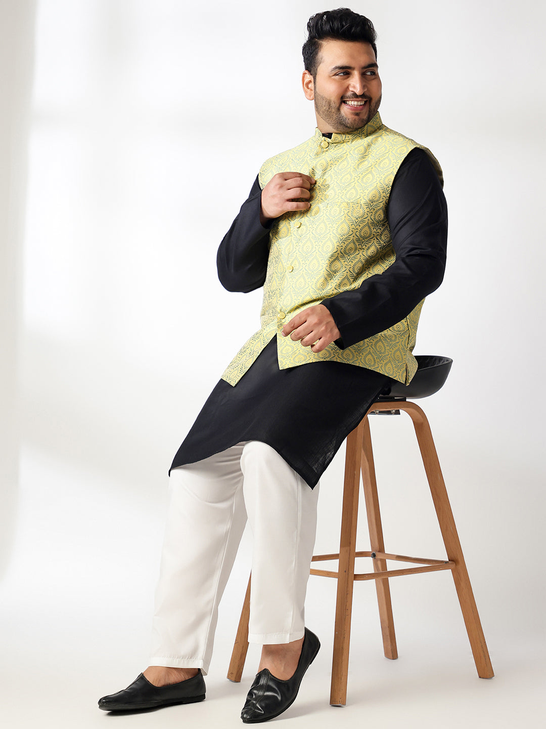 Men's Cotton Blend Black Kurta With White Pyjama & Yellow Nehru Jacket